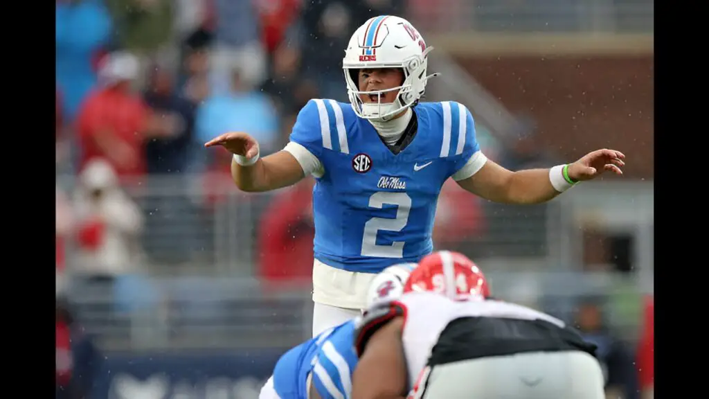 Mississippi Rebels quarterback Jaxson Dart makes an audible during the game against the Georgia Bulldogs