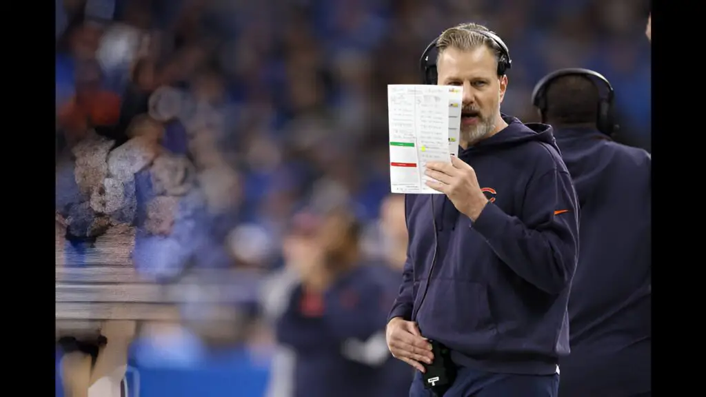 Former Chicago Bears head coach Matt Eberflus looks on during the first quarter against the Detroit Lions