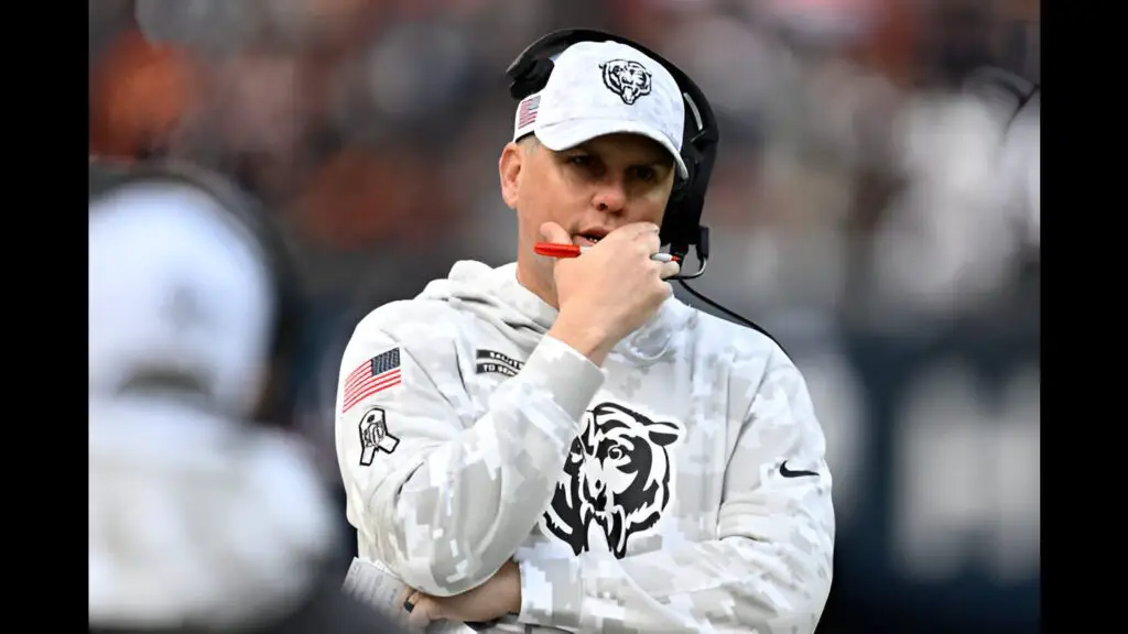 Former Chicago Bears offensive coordinator Shane Waldron looks on during the second half against the New England Patriots