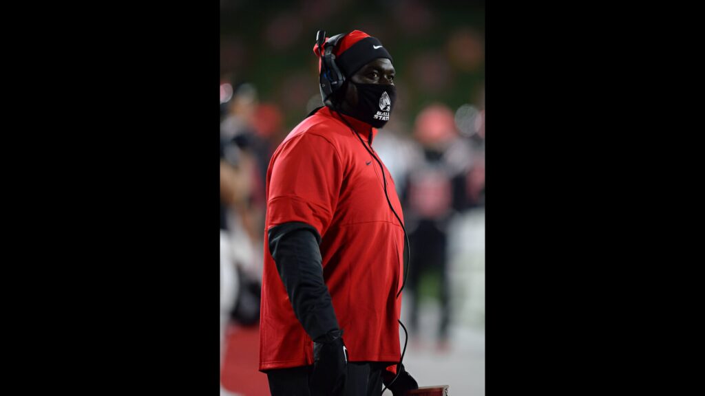 Former Ball State Cardinals offensive line coach Colin Johnson looks on during the Mid-American Conference football game between the Eastern Michigan Eagles and the Ball State Cardinals