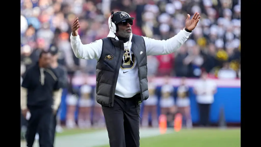 Colorado Buffaloes head coach Deion Sanders gestures during a game against the Kansas Jayhawks