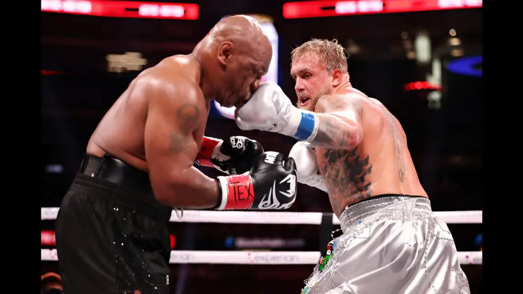 Boxer Jake Paul punches Mike Tyson during LIVE On Netflix: Jake Paul vs. Mike Tyson