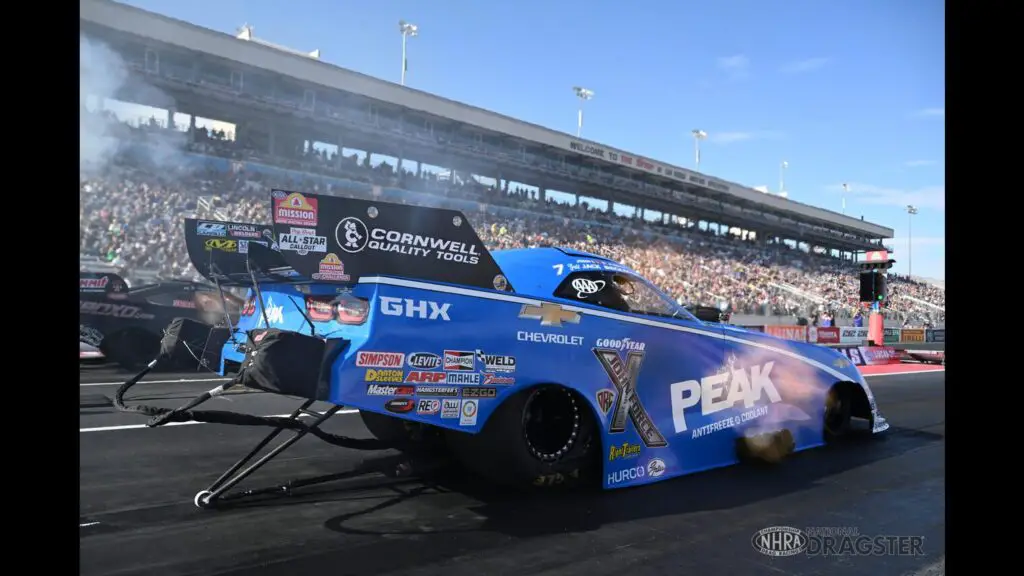 PEAK Funny Car driver Jack Beckman making a pass during the Ford Performance NHRA Nationals