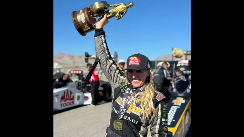 Chevrolet Accessories Top Fuel Dragster driver Brittany Force celebrates after winning the Ford Performance NHRA Nationals