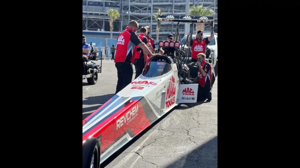 Mac Tools Top Fuel Dragster driver Doug Kalitta in the staging lanes before making a pass during the Ford Performance NHRA Nationals