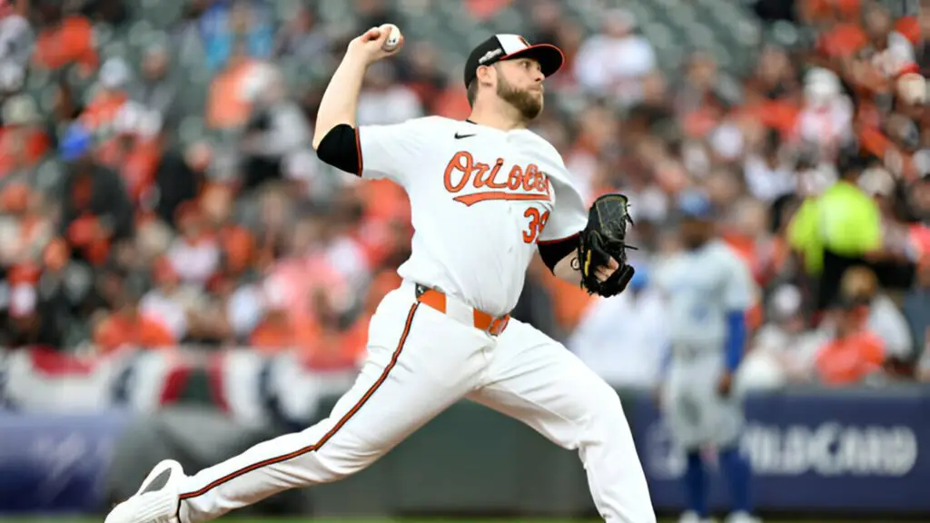 Former Baltimore Orioles pitcher Corbin Burnes pitches the ball against the Kansas City Royals during the second inning of Game One of the Wild Card Series at Oriole Park