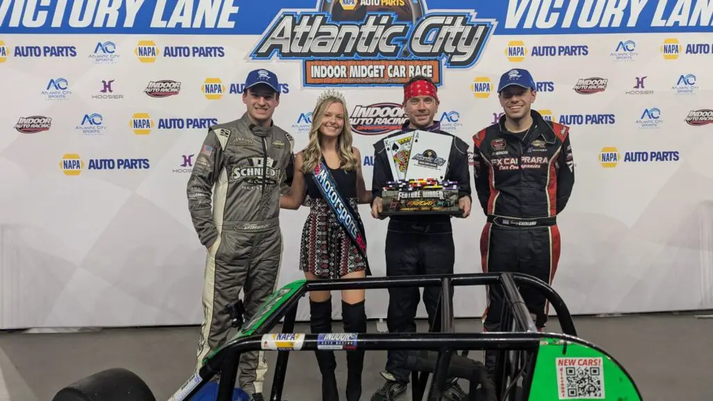 Race Car drivers Andy Jankowski, Tommy Catalano, and Briggs Danner after the TQ Midget Friday night race