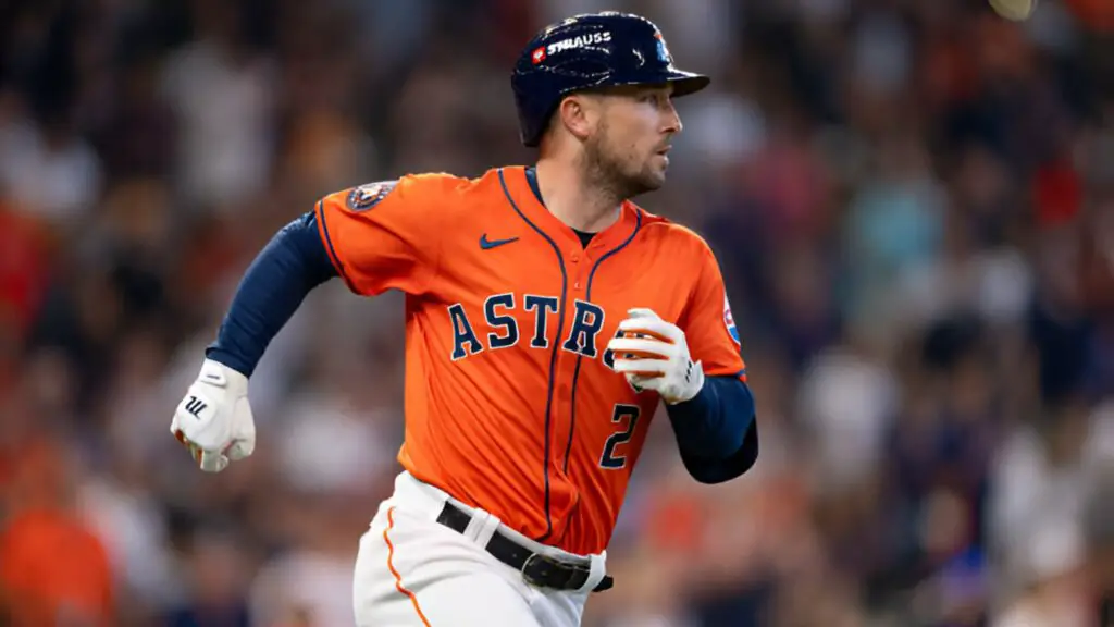 Former Houston Astros third baseman Alex Bregman runs to first base during Game 2 of the Wild Card Series presented by T-Mobile 5G Home Internet against the Detroit Tigers 