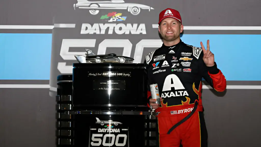 NASCAR Cup Series driver William Byron celebrates in Victory Lane after winning the Daytona 500 