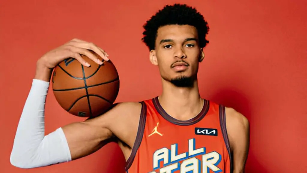 San Antonio Spurs star Victor Wembanyama poses for a portrait during the NBA All-Star Portraits as part of NBA All-Star Weekend