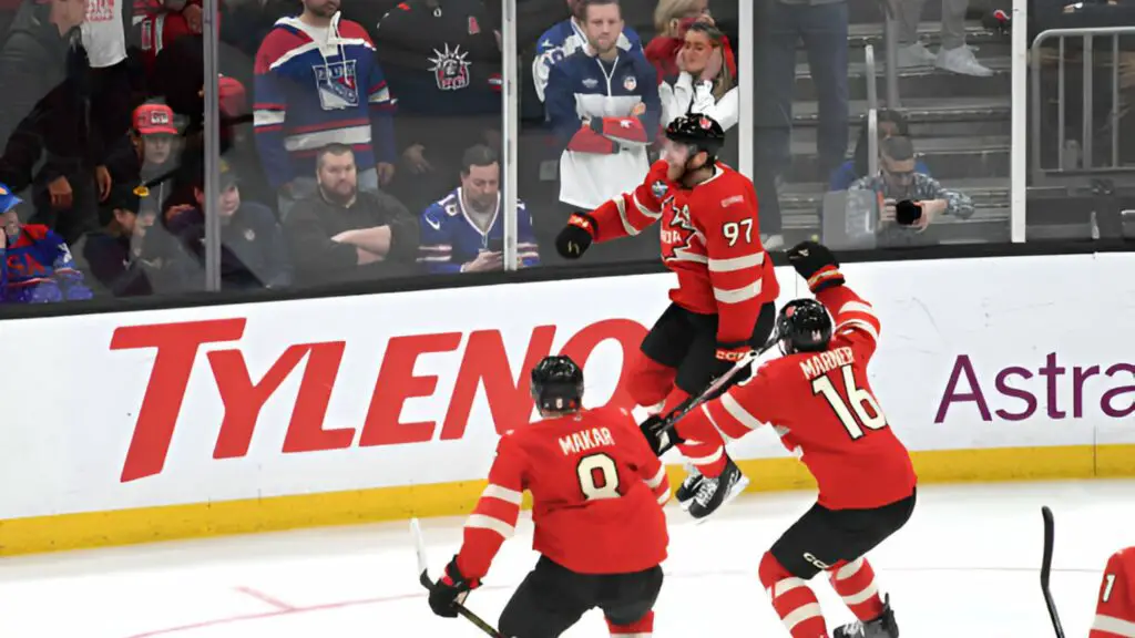 Team Canada star Connor McDavid reacts after scoring the game-winning goal during the first overtime period to win the 4 Nations Face-Off Championship game between Team Canada and Team United States