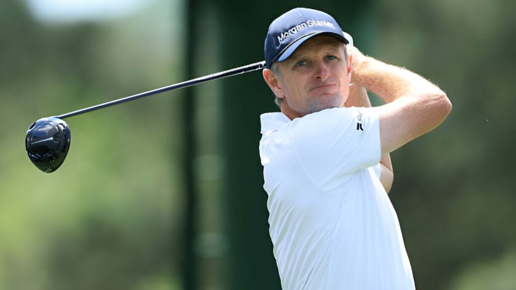 Golfer Justin Rose tees off on the 18th hole during the second round of the 2025 Masters Tournament at Augusta National Golf Club