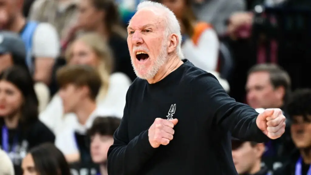 Former San Antonio Spurs head coach Gregg Popovich yells to his team during the second half of a game against the Utah Jazz