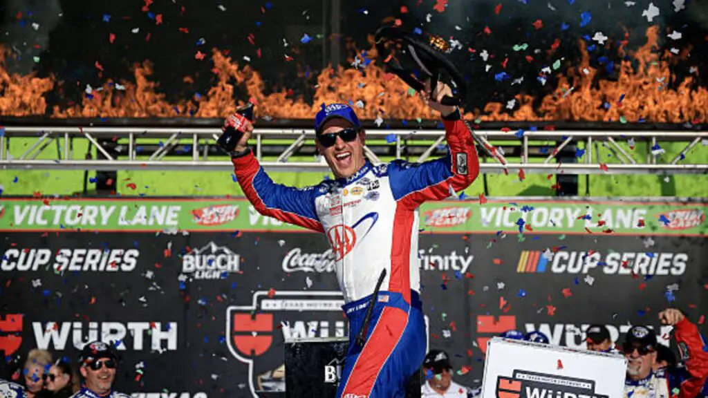 NASCAR Cup Series driver Joey Logano celebrates in victory lane after winning the NASCAR Cup Series Würth 400