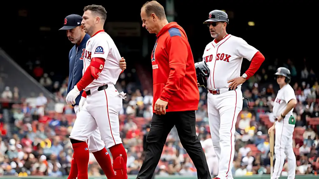 Boston Red Sox third baseman Alex Bregman exits the game during the fifth inning of game one of a doubleheader against the Baltimore Orioles