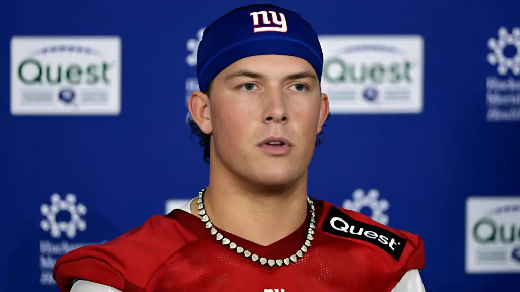 New York Giants quarterback Jaxson Dart speaks with the media after rookie minicamp at NY Giants Quest Diagnostics Training Center
