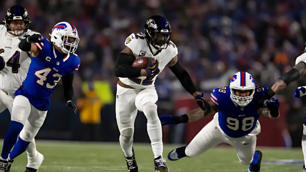 Baltimore Ravens running back Derrick Henry runs with the ball during an NFL Football game against the Buffalo Bills