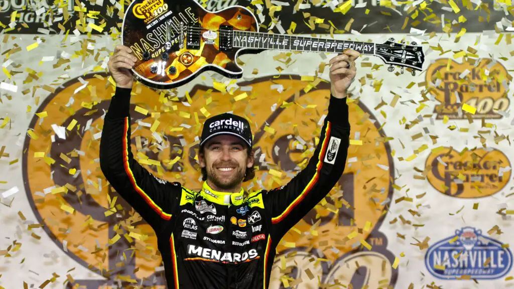 NASCAR Cup Series driver Ryan Blaney celebrates in victory lane after winning NASCAR Cup Series Cracker Barrel 400